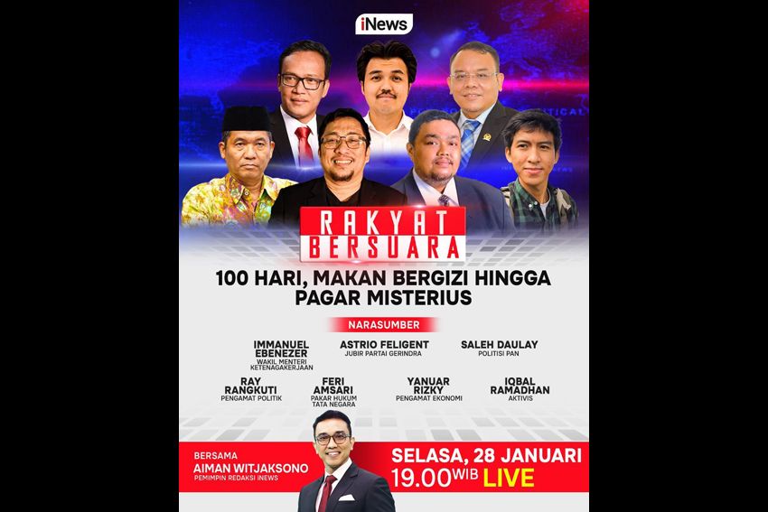 Nikmati Perayaan 100 Hari Rakyat Bersuara dengan Aiman Witjaksono, Immanuel Ebenezer, dan Ray Rangkuti, Live di iNews: Dari Makanan Bergizi hingga Pagar Misterius